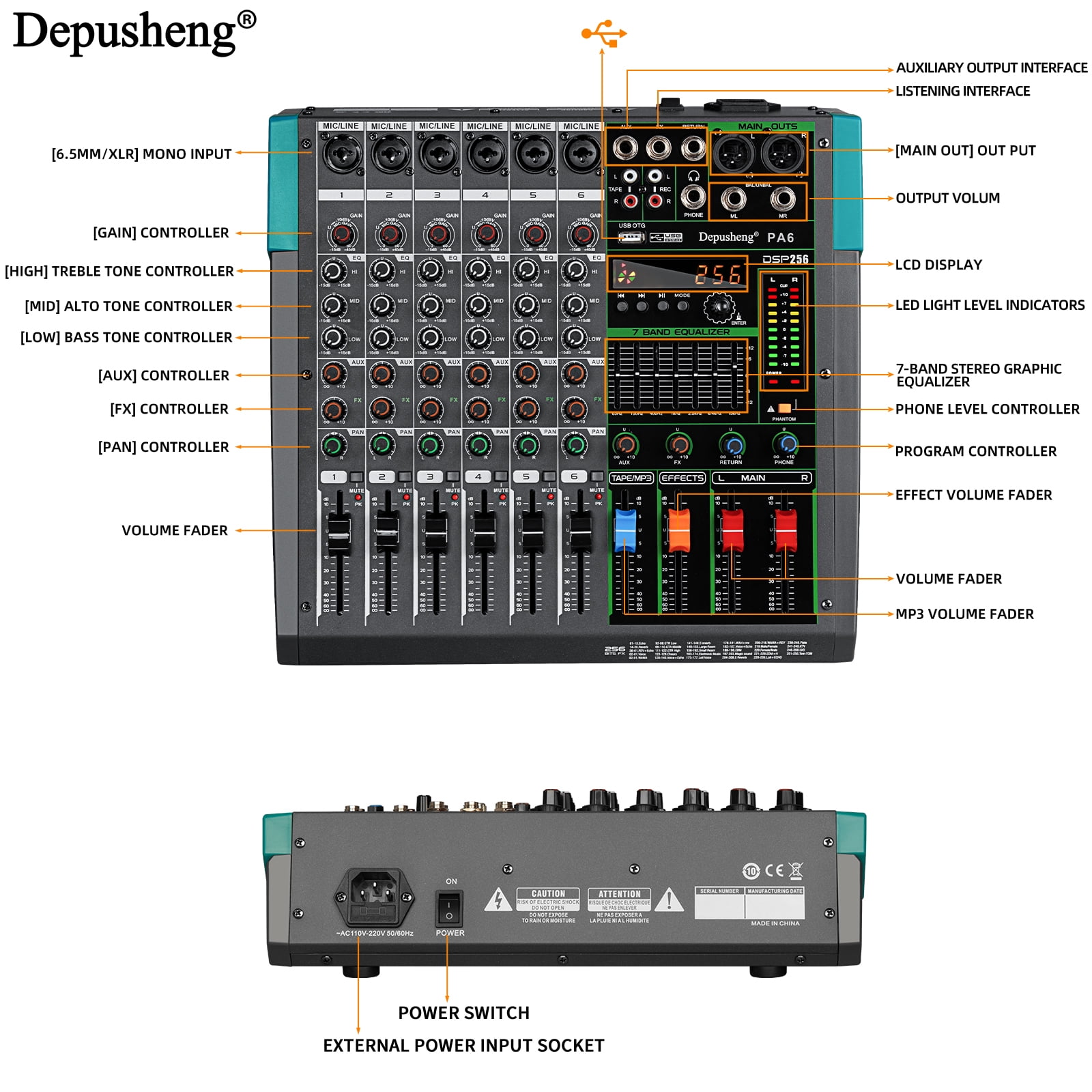 Depusheng Professional Audio Mixer 6-Channel Mixing Console with 256DSP USB & Bluetooth 48V Power for Professional and Beginners