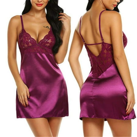 FOCUSNORM Women Lingerie Satin Silk Babydoll Lace Pajamas Set