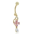 thumbnail image 2 of AVORA 10K Yellow Gold Simulated Diamond CZ Dangling Pink Flower Belly Button Ring Body Jewelry (14 Gauge), 2 of 5
