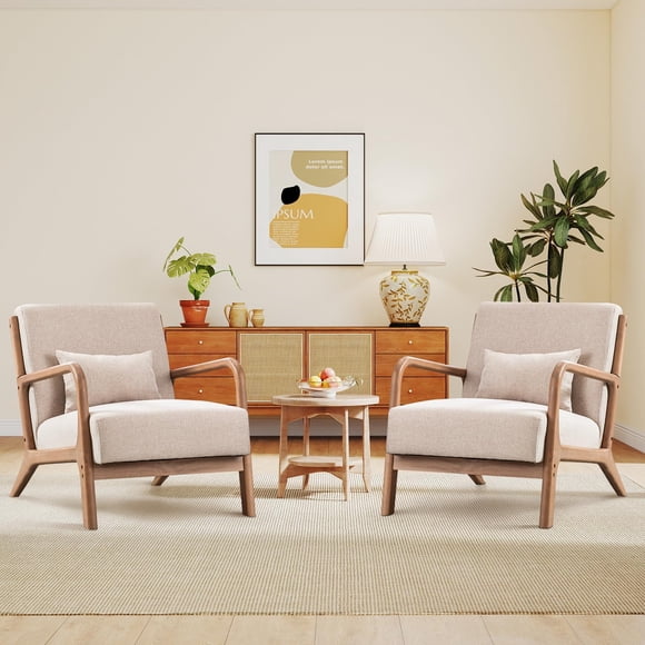 Bonzy Home Accent Chair Set of 2, Mid Century Modern Armchair with Wood Frame & Waist for Living Room, Bedroom, Reading (Beige)