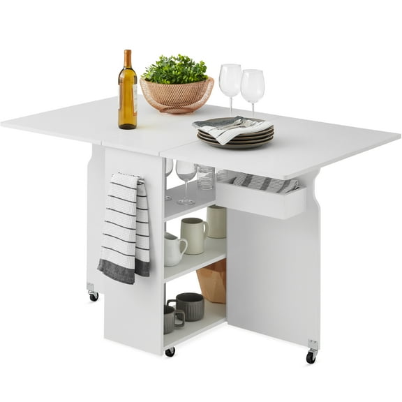 Best Choice Products Multipurpose Folding Table w/ Wheels, 3 Storage Shelves, Cubby, Handle - White