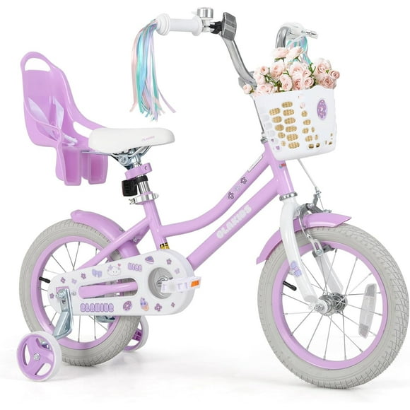 OLAKIDS 12 Inch Toddlers Bike with Training Wheels Doll Seat Basket Adjustable Seat and Handlebar, Handbrake and Coaster Brake, Children's Bicycle for Girls