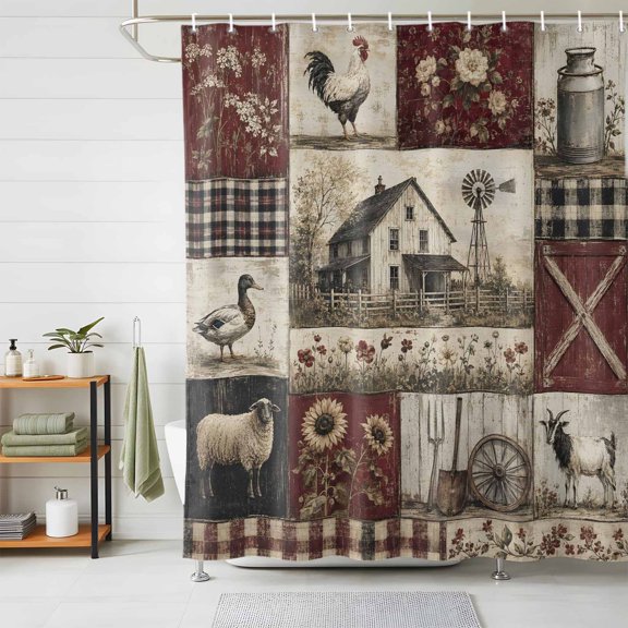 Farmhouse Checked Shower Curtains for Bathroom, Vintage Floral Old Barn Rooster Waterproof Fabric Shower Curtain, Decorative Bathroom Curtain for Bathtub, 72"x84", No Hooks Included