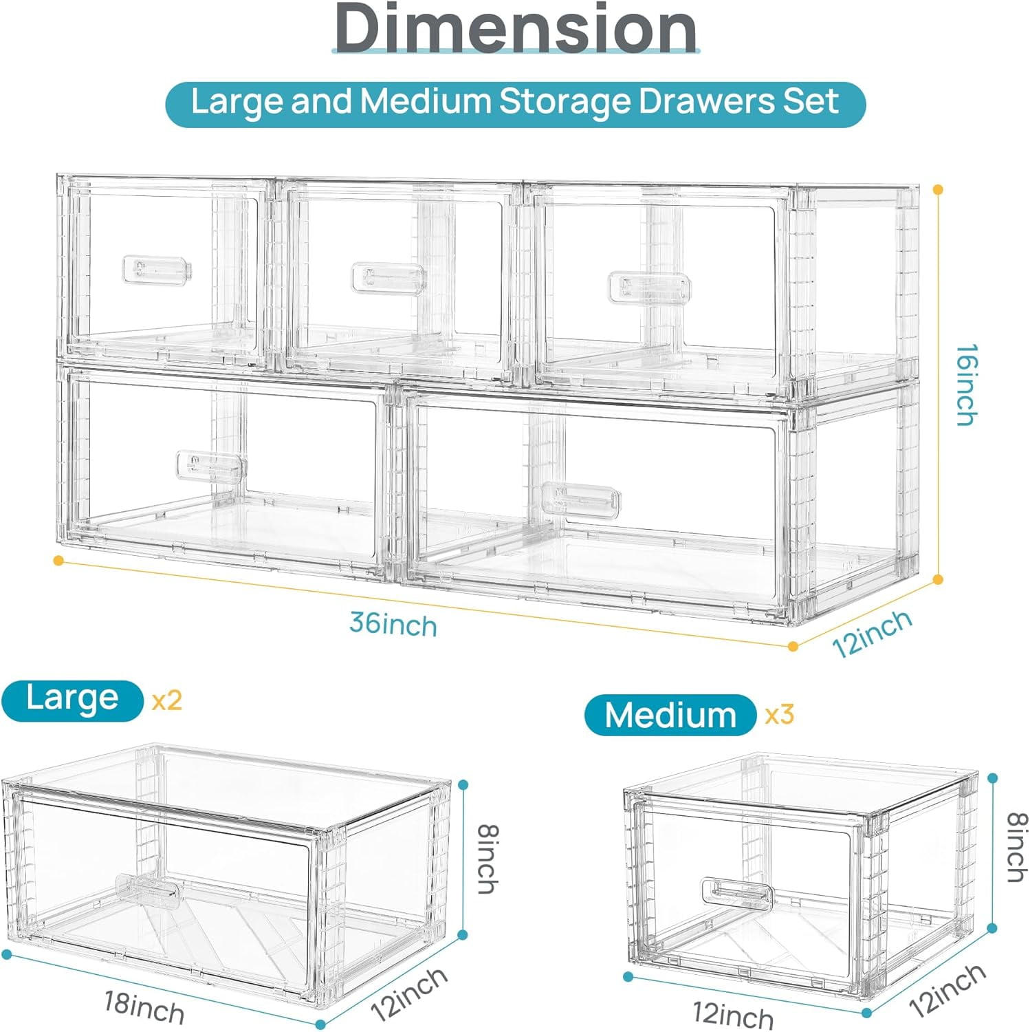 NIUMU 5 Pack Large & Medium Stackable Drawer Organizer Set, 108QT Easy Assembly Clear Plastic Storage Cabinet, Durable Dresser for Closet, Bedroom, Entryway, Playroom & Apartment Organization