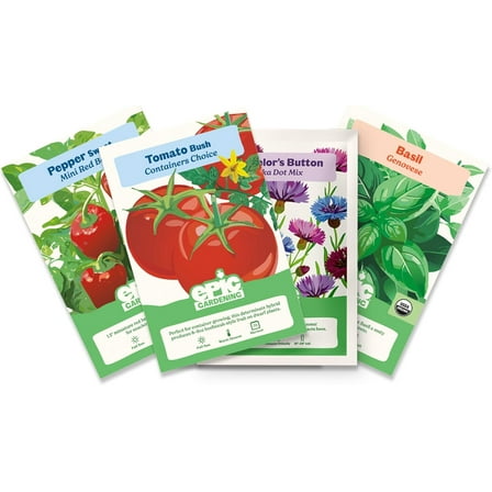 Epic Gardening Mini Garden Seed Kit, 4 Varieties for Small-Space Gardening, Includes Tomatoes, Peppers, Basil & Flowers, Non-GMO Seeds
