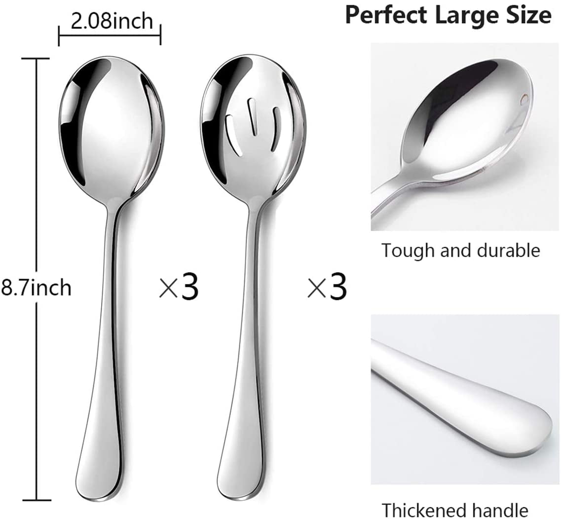 Dishwasher Safe Mirror Finish Venyat 6 Pack Serving Spoons Set Includes 3 Serving Spoons and 3 Slotted Serving Spoons for Buffet Banquet Kitchen Cooking 8 3/4 Inch Stainless Steel Serving Spoons 