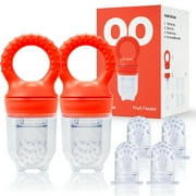 Love Noobs Baby Fruit Feeder, BPA-Free Baby Fruit Feeder & Teether Set, 4 Extra Teats, Red