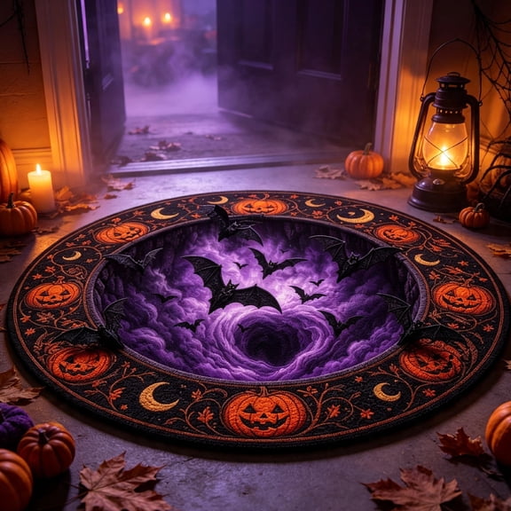 3D Haunted Staircase Round Area Rug, Quilted Soft Fabric Abyss Depth Illusion Mat with Ghost Skeleton Pumpkin Print, Non‑Slip Floor Carpet for Indoor Halloween Decoration, Styles Available