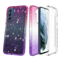 for Samsung Galaxy S21 FE Glitter Bling Full Body Built In Screen Protector Case Phone Case PU Shock Bumper Scratch Guard Skin Wrap Slim Cover
