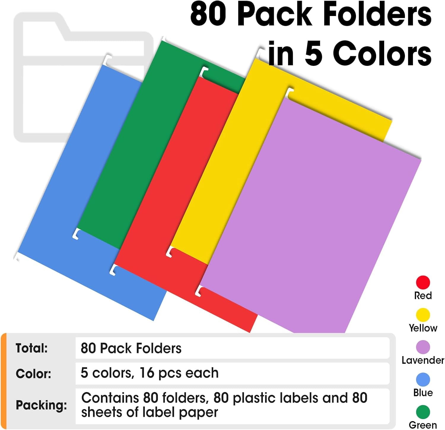 80 Pack Hanging File Folders, Colored Hanging File Folders Letter Size with 1/5 Cut Adjustable Tabs, File Cabinet Folders for Office, School, Home