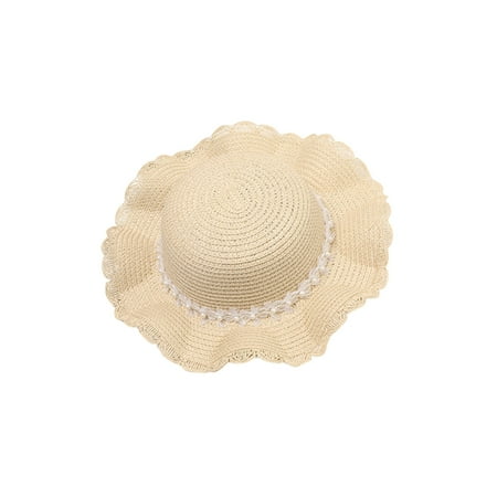 

YWDJ 2-8 Years Summer Kids Lace PearlLace Pearl Decorated Hat Rope Beach Hat Sun Hat Beige One Size