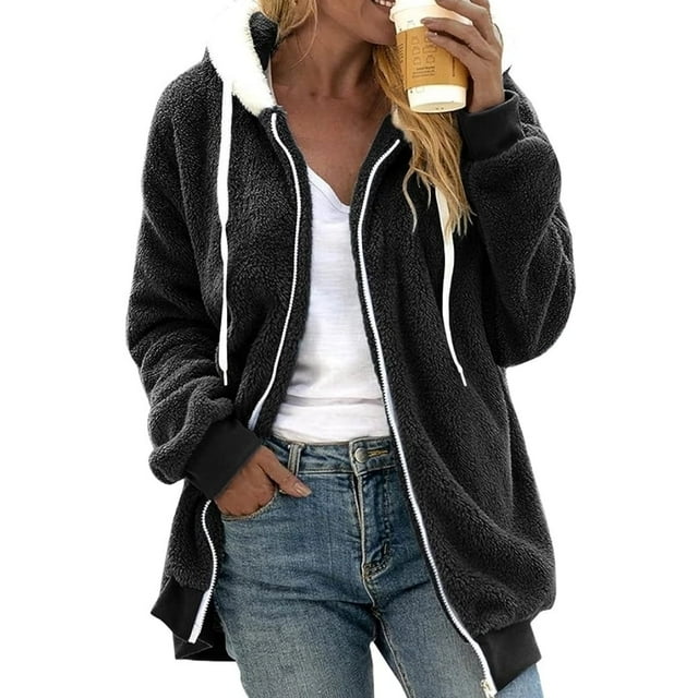 TQWQT Fleece Coats for Women Faux Fur Jacket Coat Fuzzy Fleece Jacket Plus Size Zip Up Drawstring Sweatshirt Oversized Light Blue S