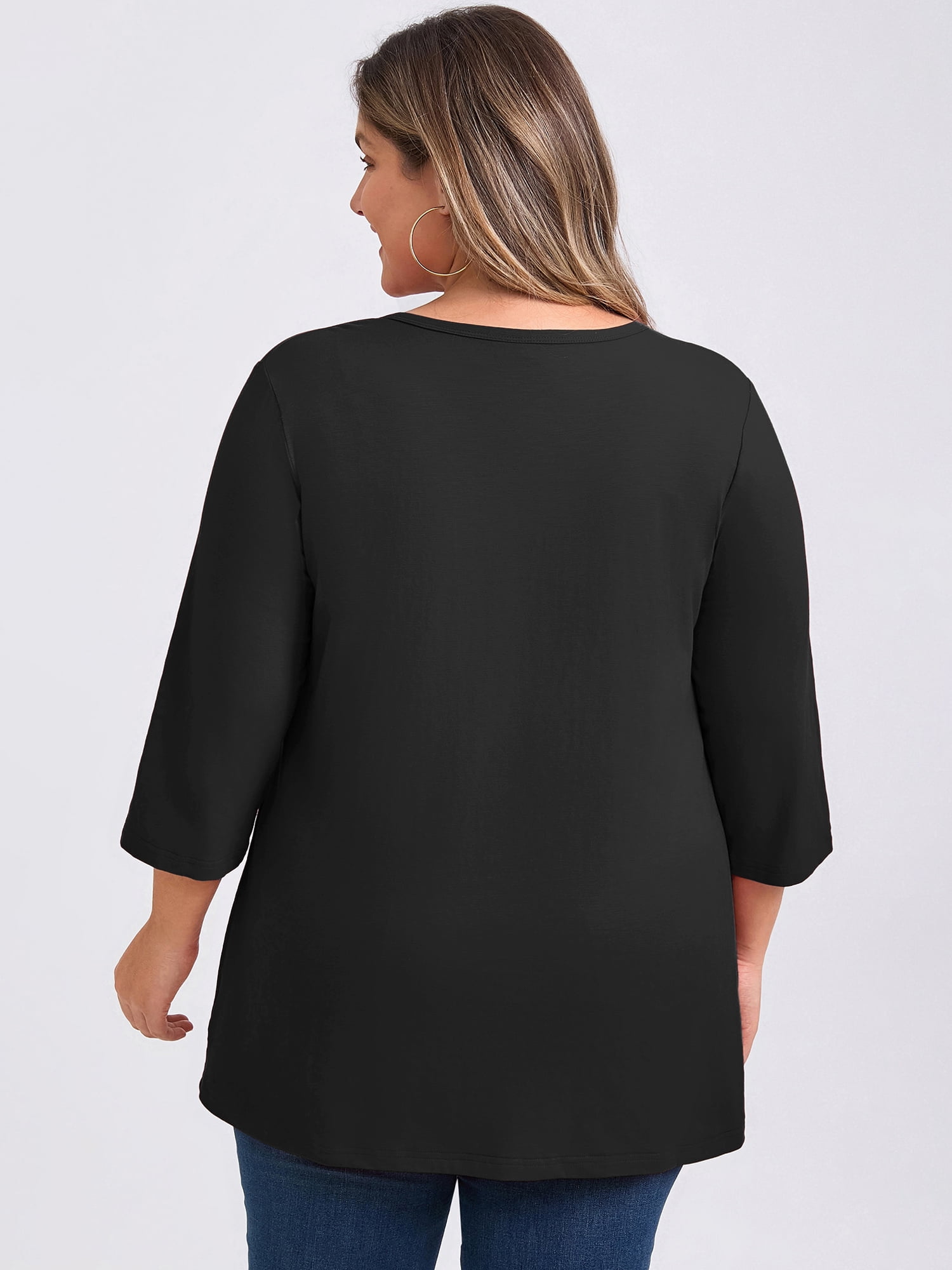 Women's Plus Notched Neck 3/4 Sleeve Front Pleated Button Decor Blouses Dressy Casual 2X Black