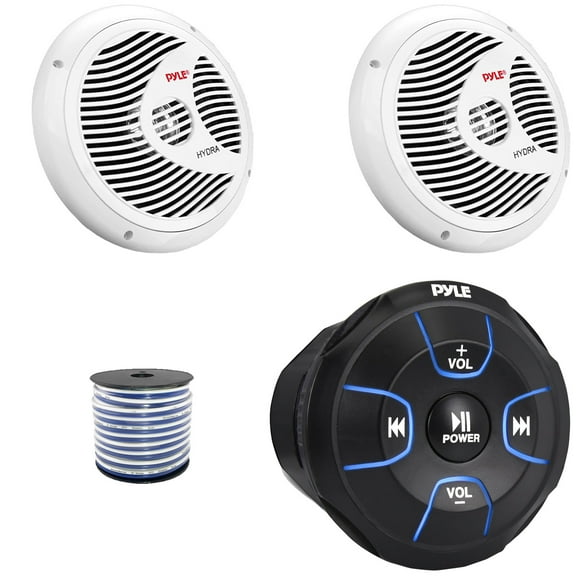 Pyle PLMRBT18 Bluetooth Audio Amplified Marine Waterproof Controller, Pyle PLMR80W 8'' 180 Watts Max Power Full Range White Boat Stereo Speakers (1 Pair), 50 Feet 18 Gauge Speaker Wire