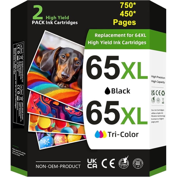 65XL Ink Cartridge Compatible for 65 XL Ink 65 Ink Cartridge Use with Deskjet 2652 2652 Printer Ink and 3755 3752 2655 Envy 5055 5000 5052 5014 Printer (1 Black, 1 Tri-Color, 2-Pack)