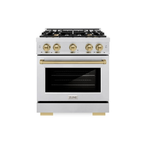 ZLINE Autograph Edition 30 in. 4.2 cu. ft. Dual Fuel Range with 4 Burner Gas Cooktop and Electric Convection Oven in DuraSnow Stainless Steel with Champagne Bronze Accents (HDRSZ-30-CB)