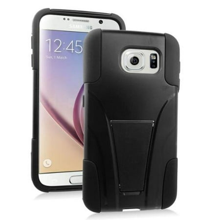 Plastic Dual Stand - Insten Hard Dual Layer Plastic Silicone Case with stand For Samsung Galaxy S6 - Black