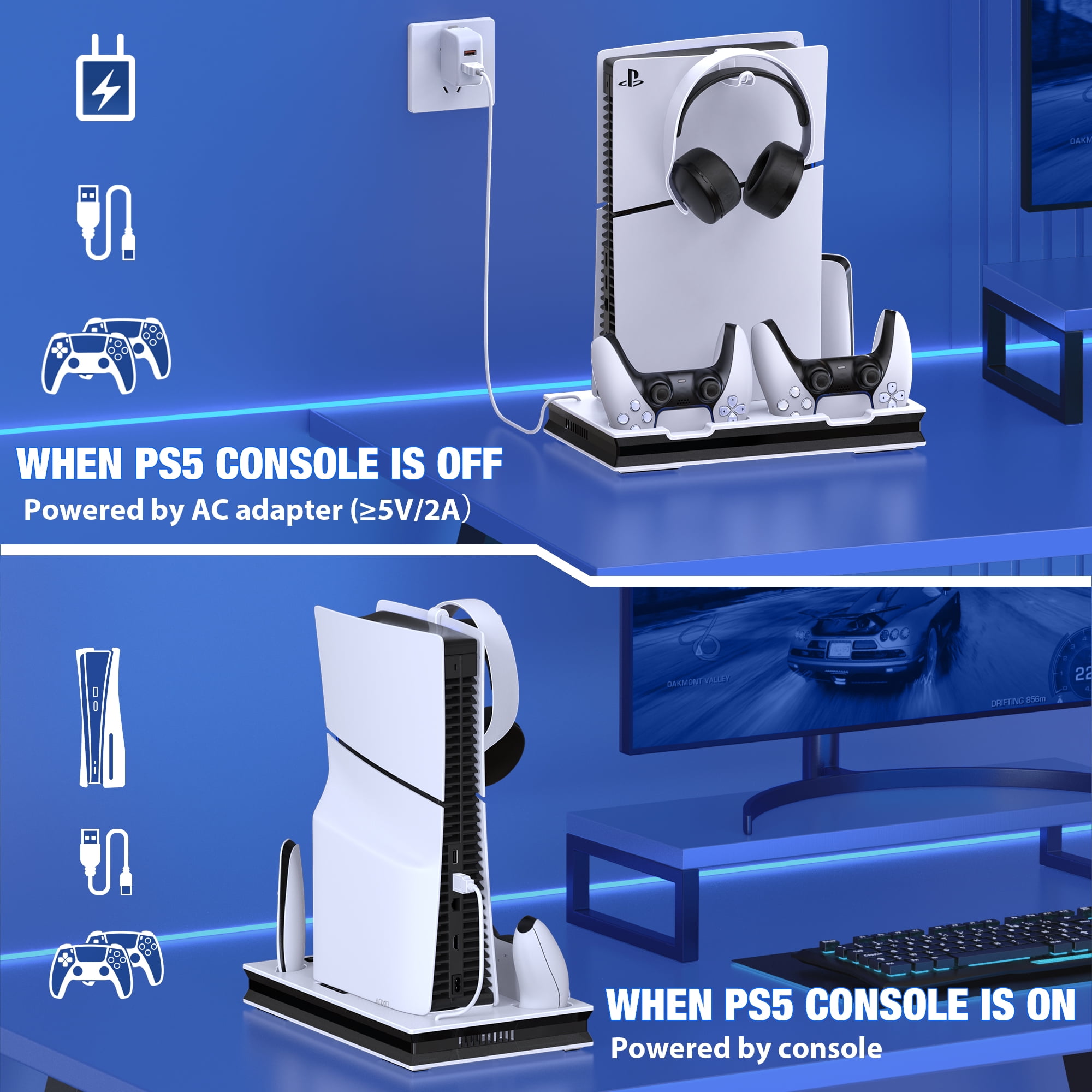Daenfyy PS5 Stand for PS5/PS5 Slim, PS5 Cooling Station Stand with Cooling Fan, Dual Controller Charger, Headset Holder, 3 Charger Port
