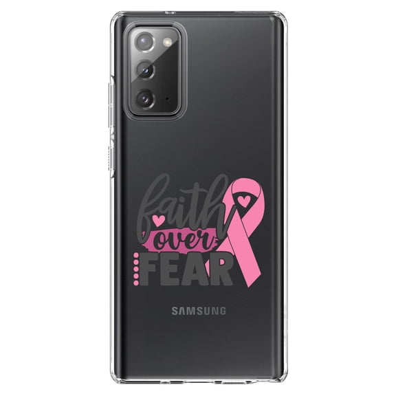 DistinctInk Clear Shockproof Hybrid Case for Galaxy Note 20 ULTRA (6.9" Screen) - TPU Bumper Acrylic Back Tempered Glass Screen Protector - Pink Ribbon Cancer - Faith Over Fear