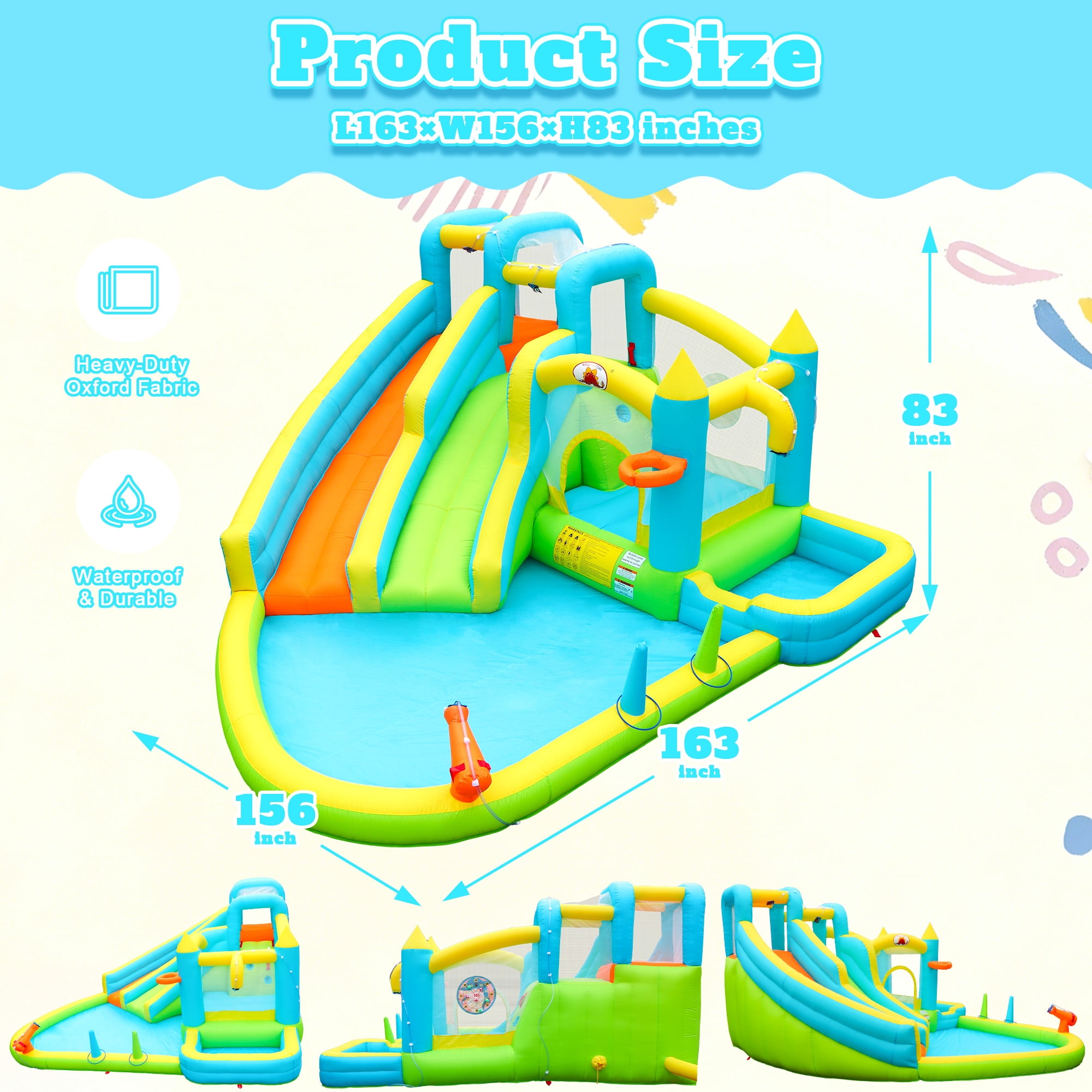 WELLFUNTIME Inflatable Water Slide for 5 Kids, Bounce House with Blower, Splashing Pool, Water Cannon, Water Park for Backyard Summer Fun