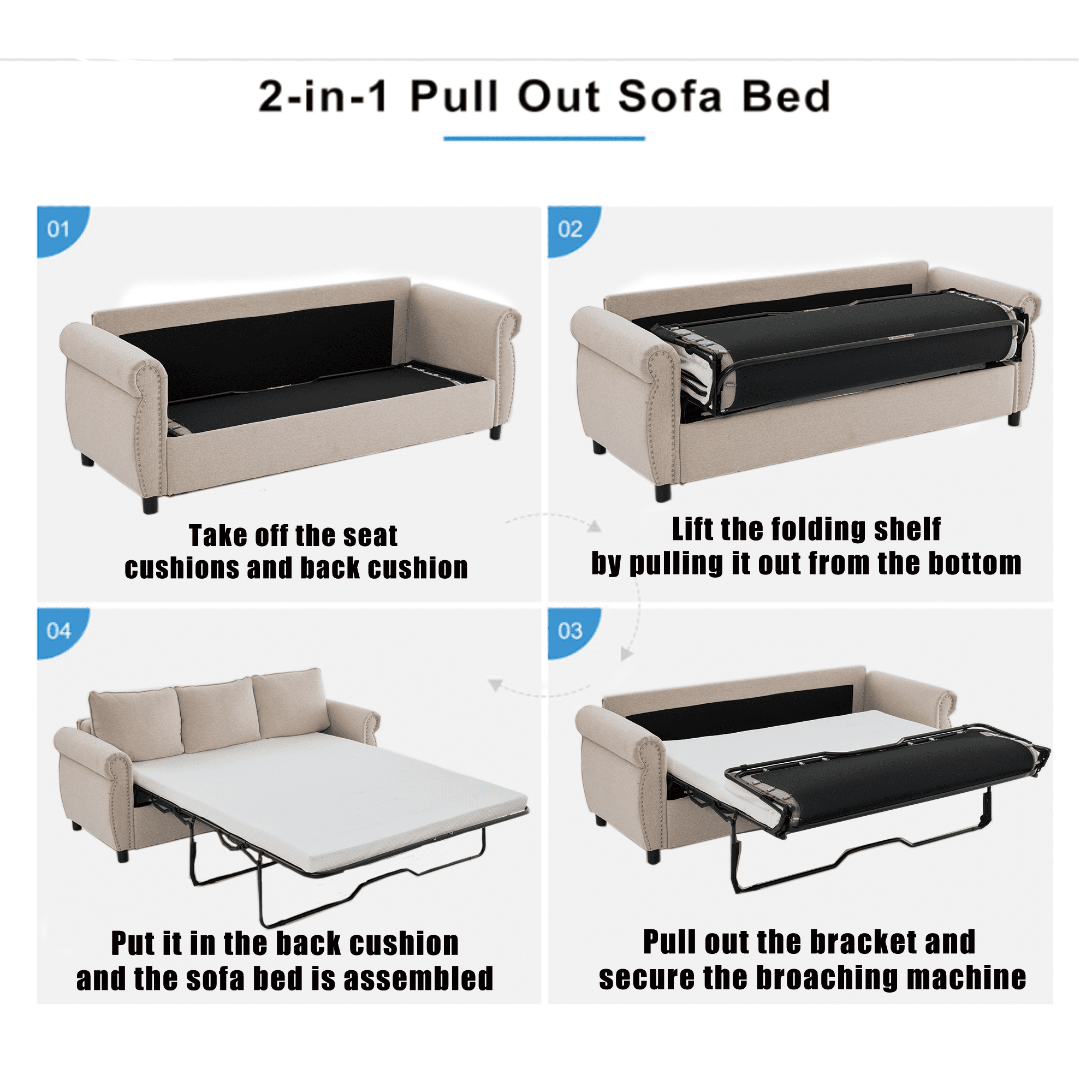 Muumblus Queen Size Pull Out Sofa Bed, 2-in-1 Convertible Sleeper Couches with Memory Foam Mattress, 3 Seat Sleeper Couch Beds for Living Room, Beige