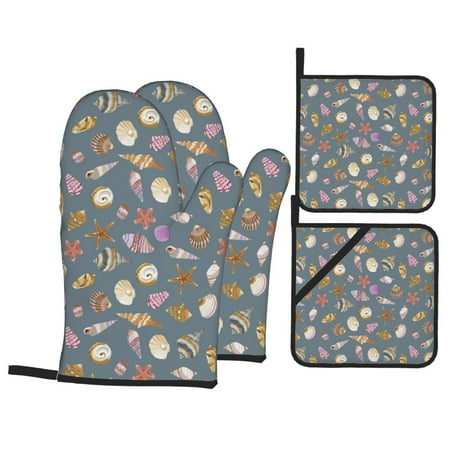 

Oven Mitts and Pot Holders Sets 4 pcs Conch Shells Print No.9046 Non-Slip Oven Gloves Potholders Soft Quilted Lining Heat Resistant Gloves Hot Pads for Kitchen Cooking Baking