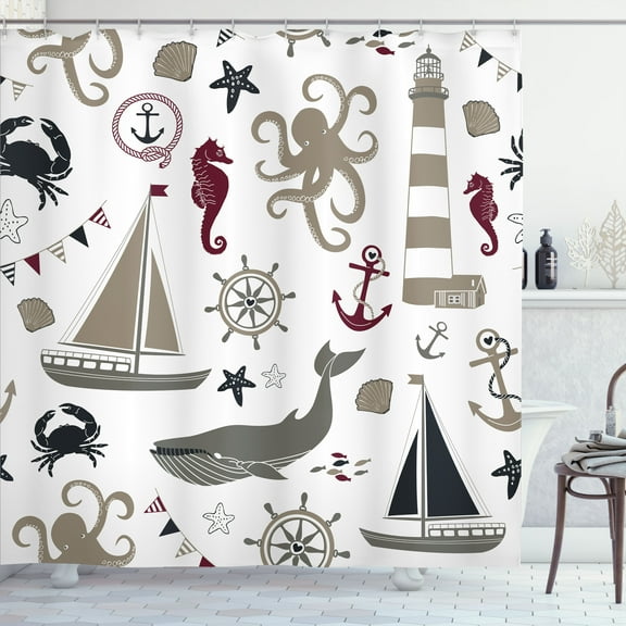 Ambesonne Nautical Shower Curtain, Lighthouse Pastel Colors, 69"Wx75"L, Dark Tan and Maroon
