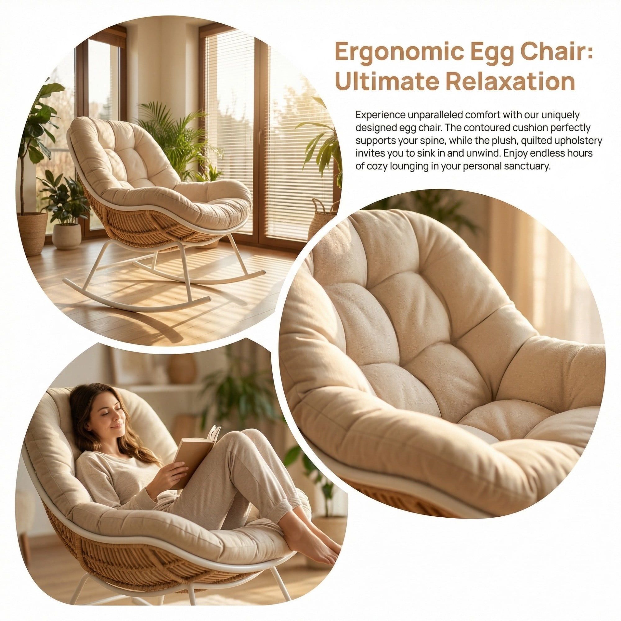 Outdoor Papasan Rocking Chair Oversized, Rattan Egg Rocker Chair with Padded Cushion, 400lbs Patio Wicker Rocking Chair for Living Room Porch Backyard, Beige