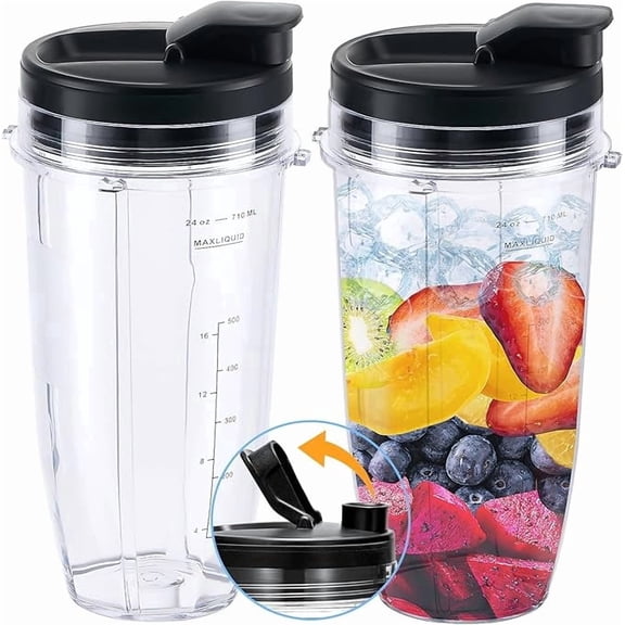 Ninja 24oz Replacement Plastic Tall Cups 2 Pack with Sip Seal Lids, Portable Blender Mugs for Auto IQ Blender