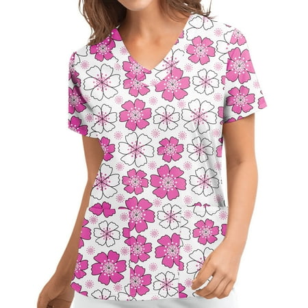 

Winter Savings 2023! purcolt Women s Christmas Floral Print Scrubs Tops Plus Size Working Uniform V Neck Short Sleeve Nurse Workwear Blouse Shirts with Pockets