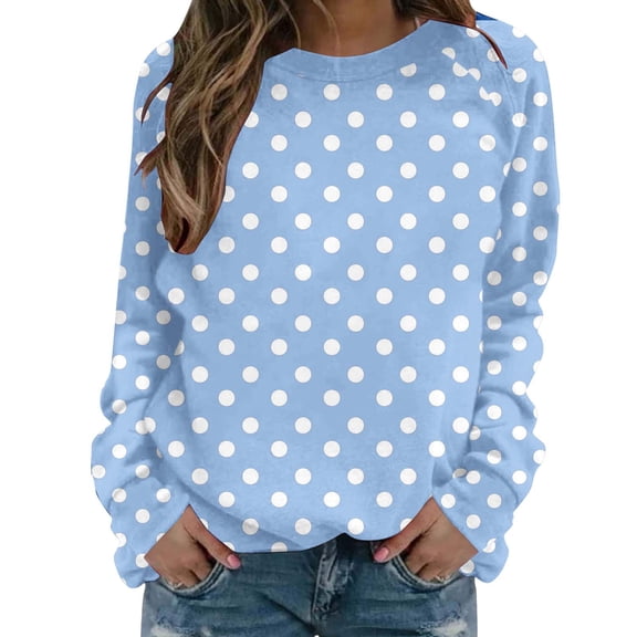 Kezqiaxn Crewneck Sweatshirts Women Fashion Long Sleeve Fall Loose Casual Pullover Tops Polka Dot Women's Sweatshirt