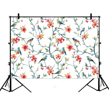 Image of YKCG 7x5ft Watercolor Birds and Flowers Tropical Summer Birds Flowers Tree Leaves Photography Backdrops Polyester Photography Props Studio Photo Booth Props