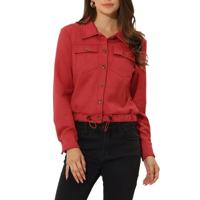 INSPIRE CHIC Veste en Faux Suède pour Femme à Col Pointu, Boutonnée, Courte, Sablée, Style Moto Biker, L Rouge