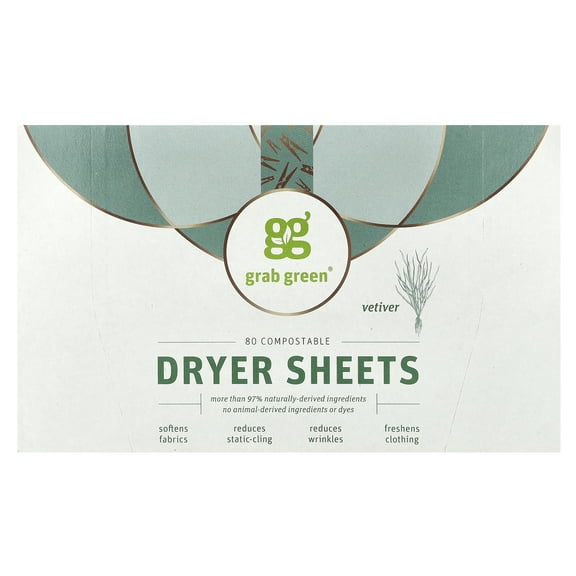 Grab Green Dryer Sheets, Vetiver Scent, 80 Sheets