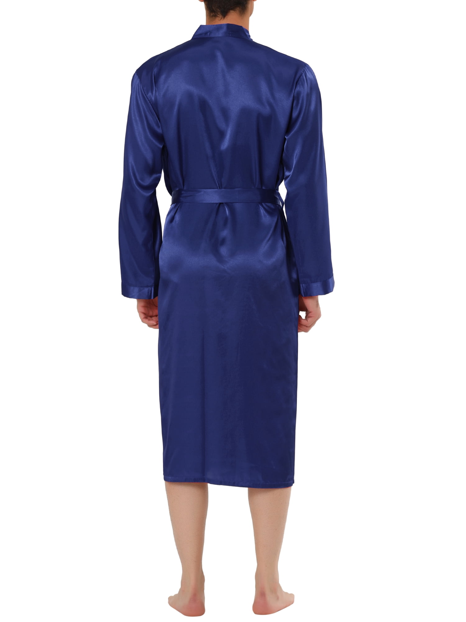 Unique Bargains Men's Satin Robe Nightdress Long Sleeves Sleepwear Pajama Bathrobe XL Blue