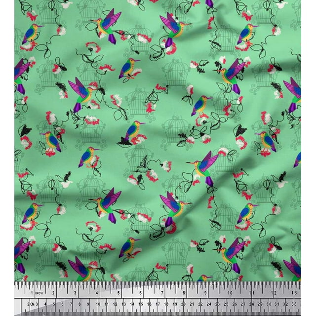 Soimoi Green Poly Georgette Fabric Cage & Humming Bird Printed Craft Fabric by the Yard 42 Inch Wide
