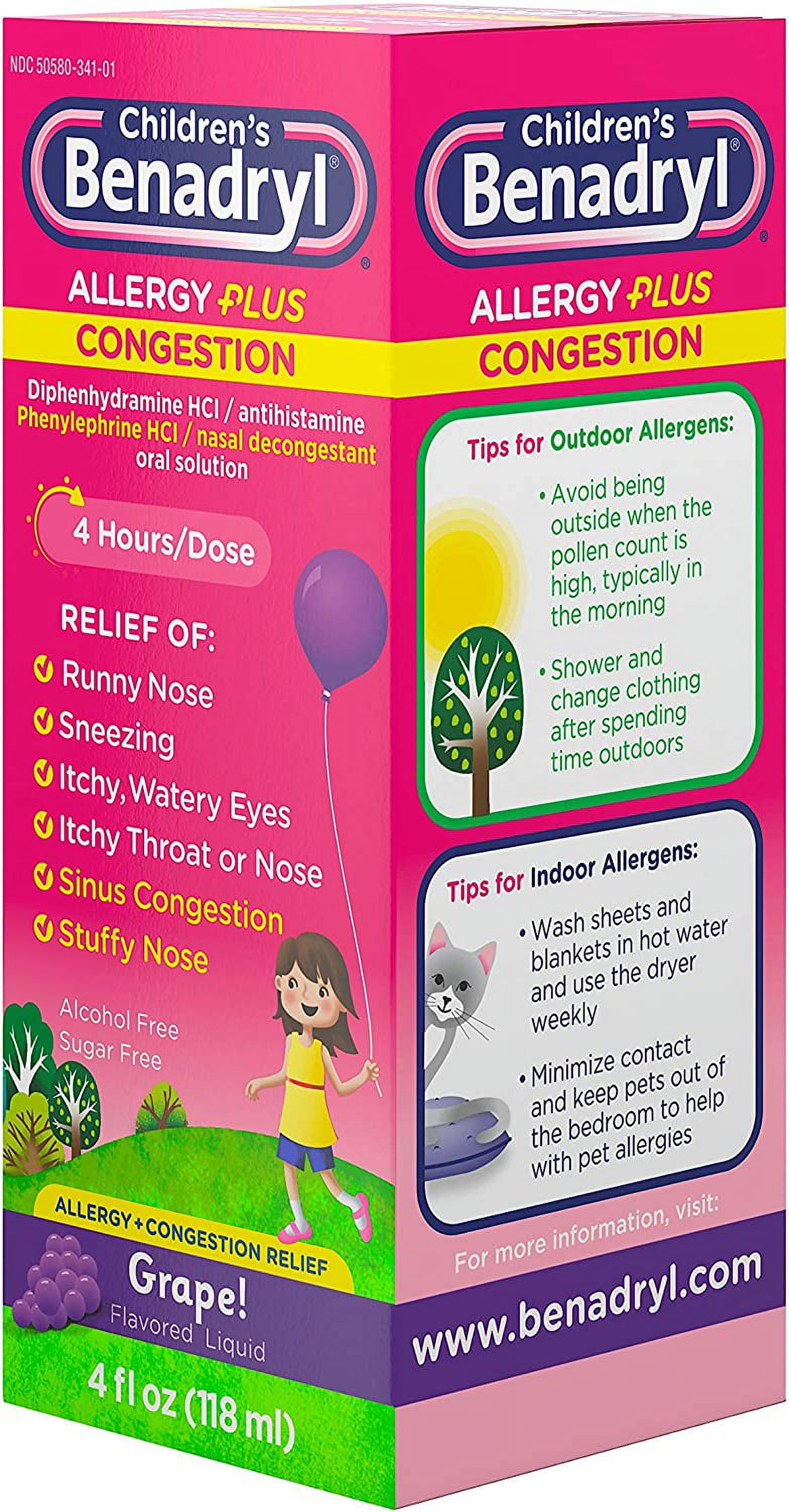Benadryl-D Children's Allergy and Sinus Liquid Grape 4 oz (Pack of 4)