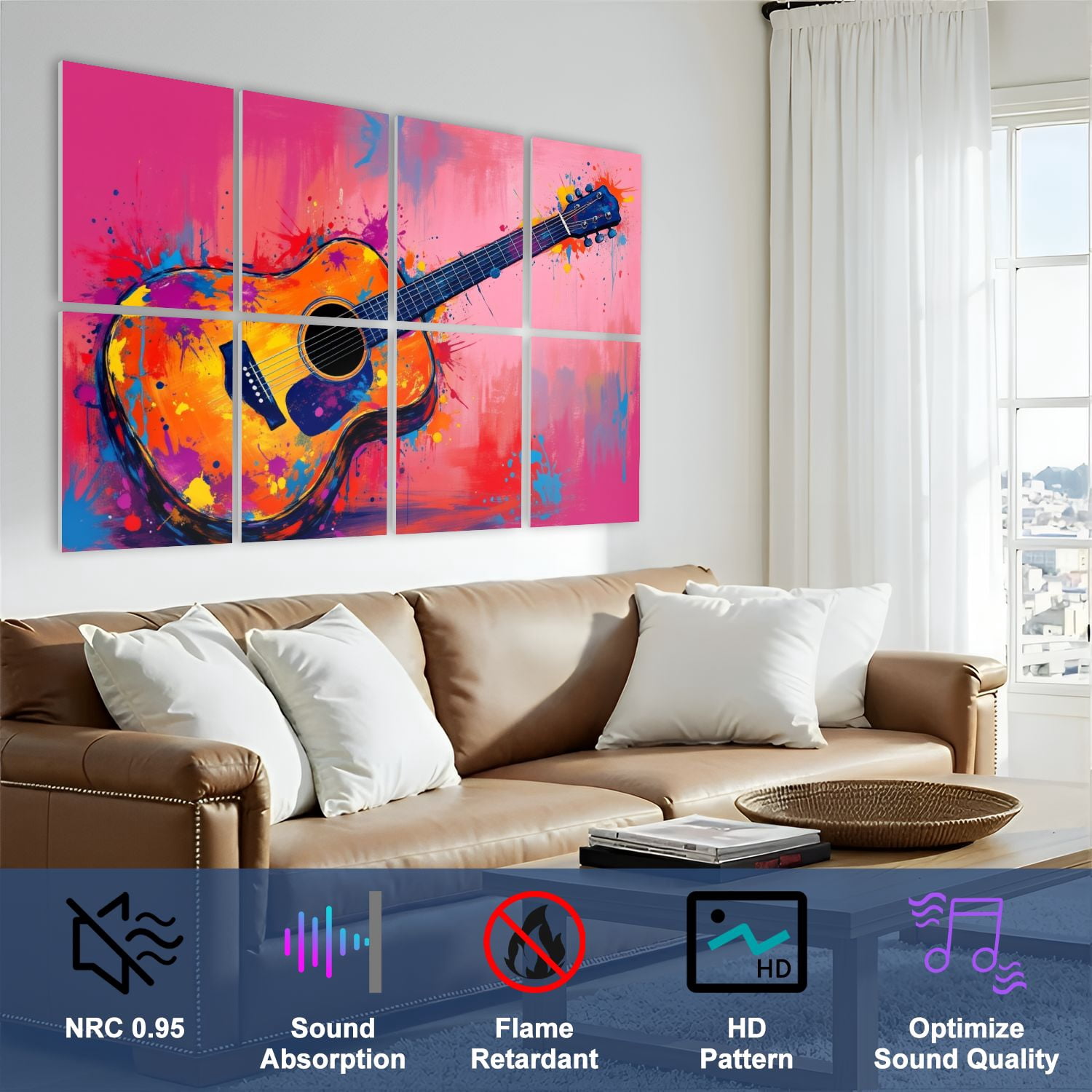 Musical 8 Pack Art Acoustic Panels Sound Absorbing Colorful Acoustic Guitar Paint Splatter Abstract Pop Decorative Soundproof Wall Panels Self Adhesive for Nursery Game Room Music Classroom 48"x32"