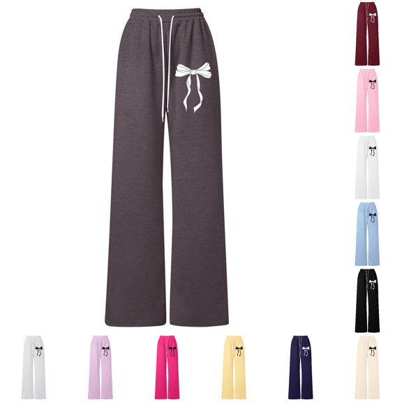 Rggeeun Girls Wide Leg Pants Baggy Sweatpants Cute Bow Graphic Athletic Training Pant With Drawstring Elastic Waist With Pockets Outdoor Wear Kawaii,Brown,9-10 Years