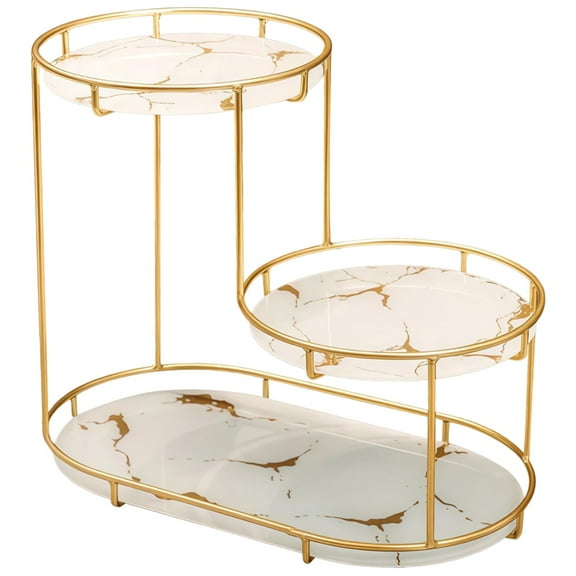 Gold Makeup Organizer, 3 Tier Countertop Bathroom Organizer, Perfume Tray, Iron Vanity Shelf, Height 10.2 in / 26 cm, White Faux Marble Texture