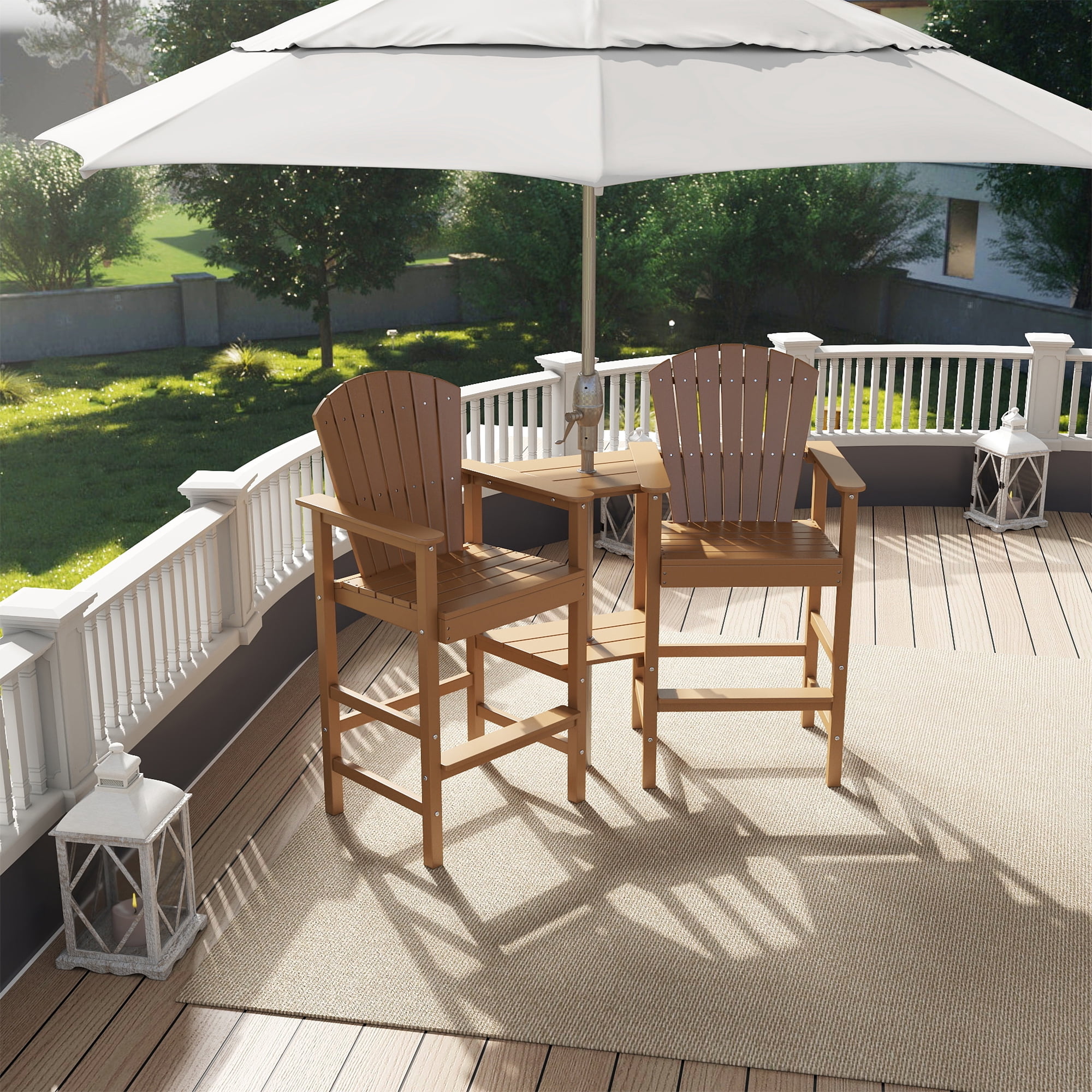 FOOWIN Tall Adirondack Chair Set of 2, HDPE All-Weather Adirondack Bar Stools with Connecting Tray,  Teak