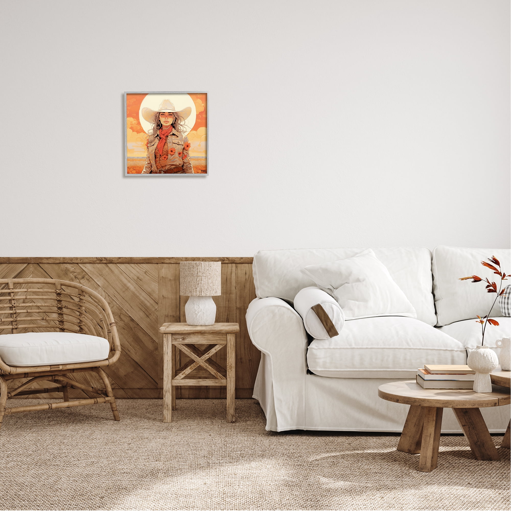 Stupell Industries Cowgirl Desert Moon & Clouds Landscape Painting Gray Framed Art Print Wall Art, 17 x 17