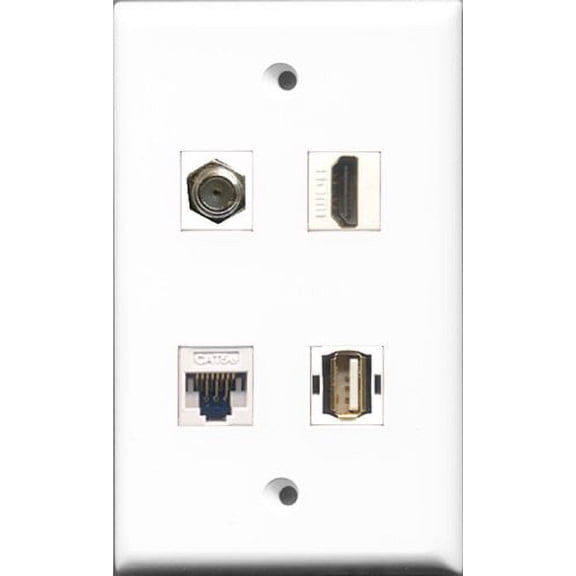 RiteAV 1 Port HDMI and 1 Port Coax Cable TV- F-Type and 1 Port USB A-A and 1 Port Cat5e Ethernet White Wall Plate