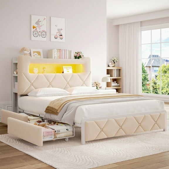 Vipuse Queen Upholstered LED Bed Frame with 2 Storage Drawers and 2-Tier Storage Headboard,Velvet Princess Platform Bed with Charging Station&Bookcase, Metal Support,No Box Spring Needed,Beige