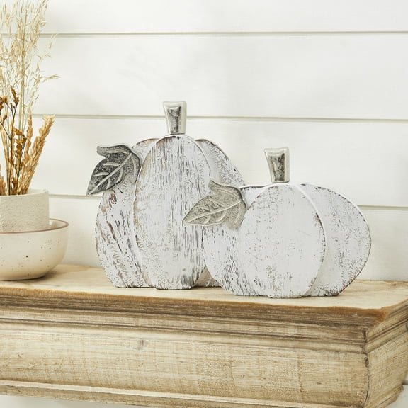 VHC Brands White Wash Farmhouse Wooden Pumpkin Set of 2 - 7 and 9 inch, Fall and Halloween Home Decor for Tables and Shelves, Indoor Decorations for Tabletop Whitewash, Light Brown, Silver
