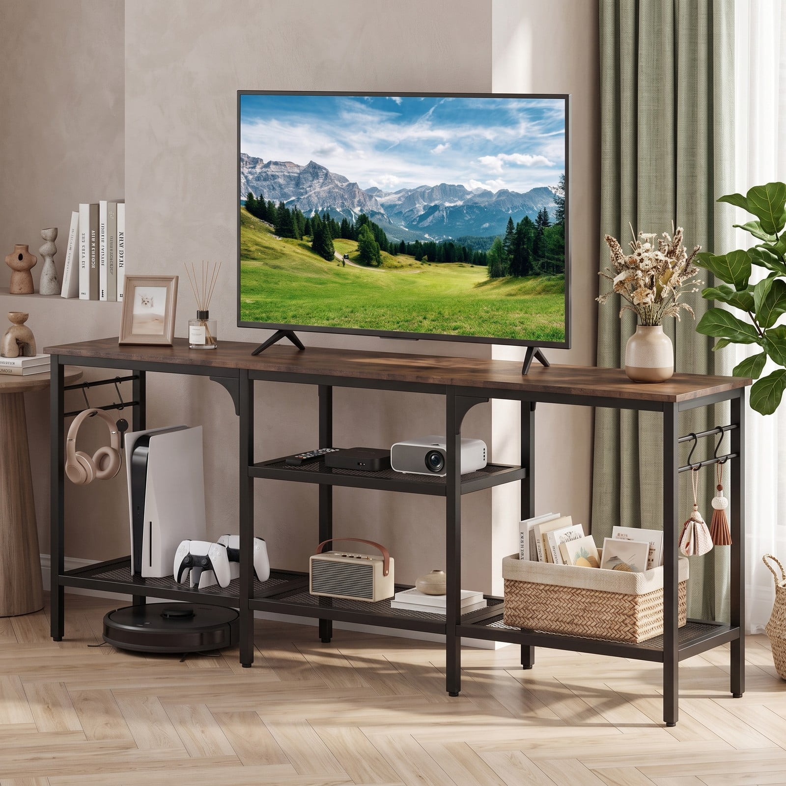 Furnibear TV Stand for TVs up to 65 Inch, 3-Tier Open Shelf Media Console with 4 Hooks, Metal Frame Entertainment Center for Living Room Bedroom, Rustic Brown & Black