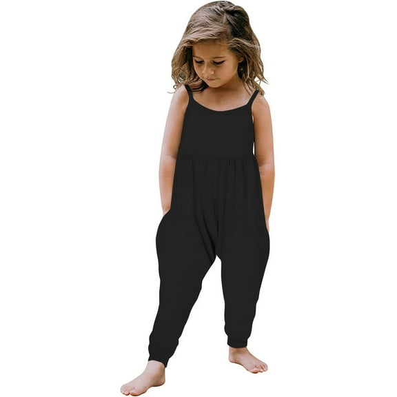 Odeerbi 1-6 Years Toddler Girls Summer Jumpsuit Solid Color Camisole Romper Casual Breathable Comfortable Overalls Strap Bib Overall Pants Playsuit