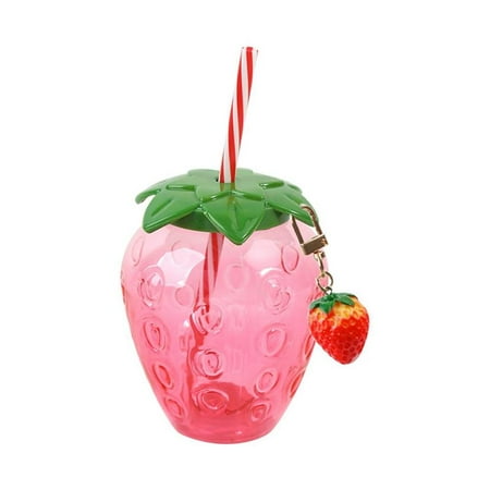 

DTOWER Strawberry Straw Plastic Cup Lovely Girl Milk Tea Cup Portable Summer Straw Water Bottle for Travel School Beach
