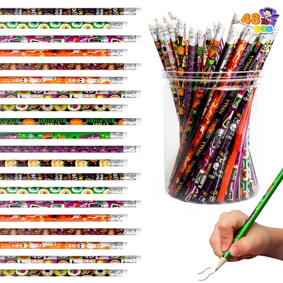 Joyfy 48 Pcs Halloween Pencils Bulk with Eraser for Kids,Colorful Pencils Stationery Pencil Set,Halloween Favors Prizes for Kids,Halloween Bulk Toys