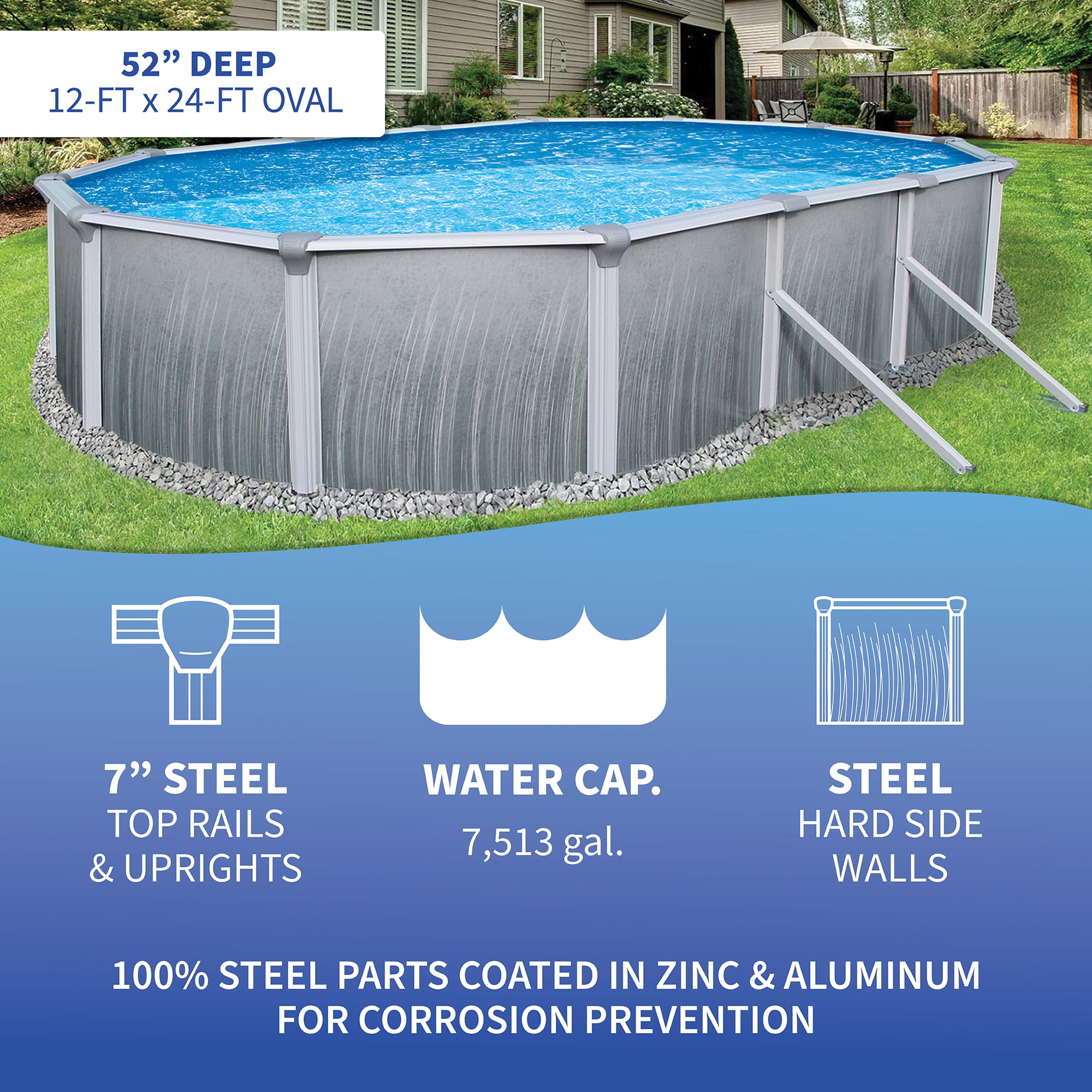 Blue Wave Martinique 12-ft x 24-ft Oval 52-in Deep 7-in Top Rail Metal Wall Swimming Pool Package